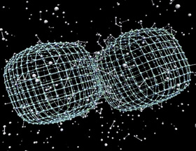Scientific simulation on a black background showing two large, mesh-like spherical structures connected at a narrow central region, surrounded by many small particles.