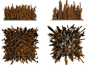 Four-panel particle simulation showing dense layers of orange-brown bead chains attached to a flat surface. The upper panels show side views, while the lower panels show top views of increasingly upright, radially extended chain structures.