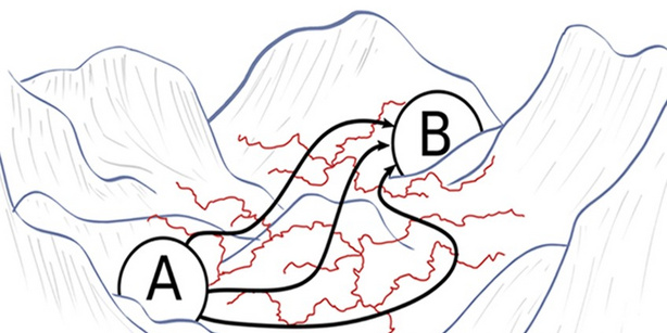 The SPEx algorithm explores the reaction mechanism for transitions between stable states A and B by combining the sampling of transition pathways and configurations.
