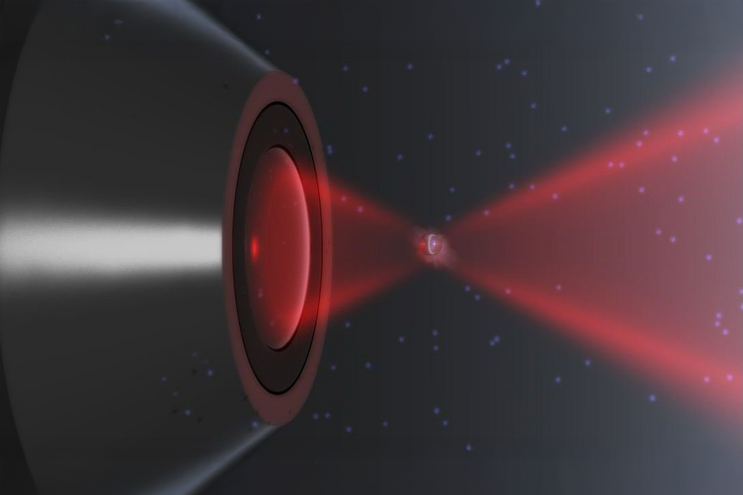 Illustration of a nanoparticle confined in a focused optical laser trap.