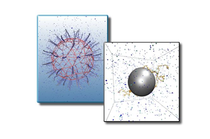 Two scientific simulation visualizations illustrating coarse-graining in soft matter: one shows a complex polymer-like structure with branching chains, while the other represents a simplified model with an effective particle and its surrounding interactions.